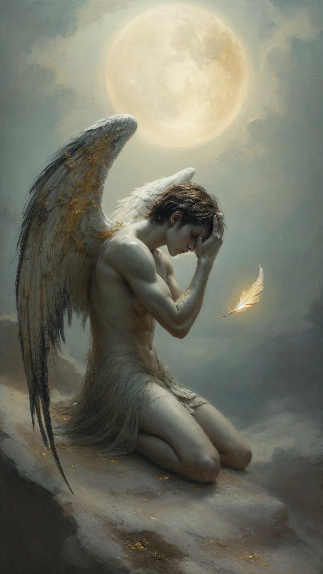 Ethereal figure with feathered wings in moonlight