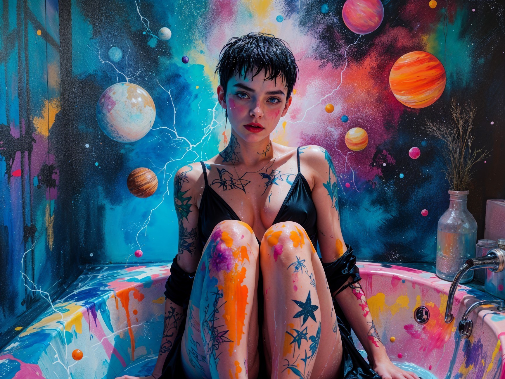 Young Woman in Colorful Bathtub with Cosmic Mural