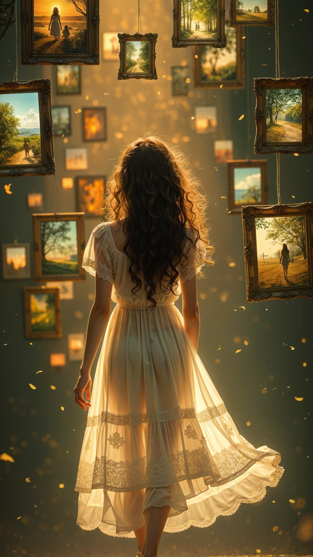 Girl in White Dress Surrounded by Floating Frames