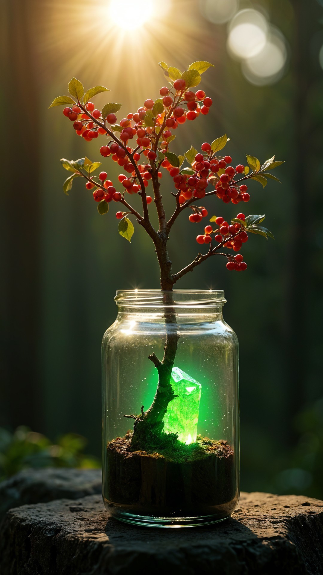 Small tree with red berries in a glass jar