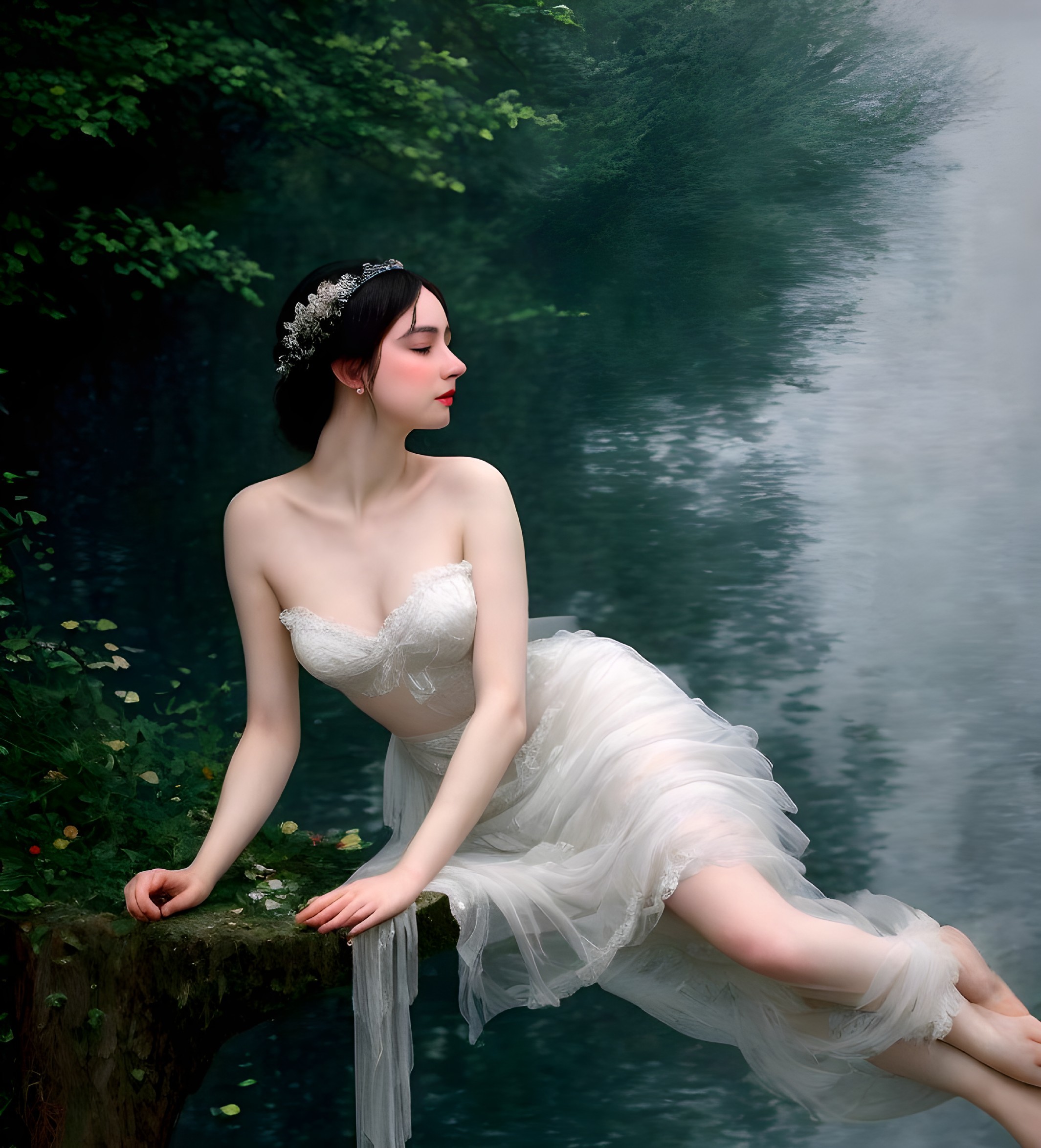 Young Woman in White Gown Amidst Tranquil Nature