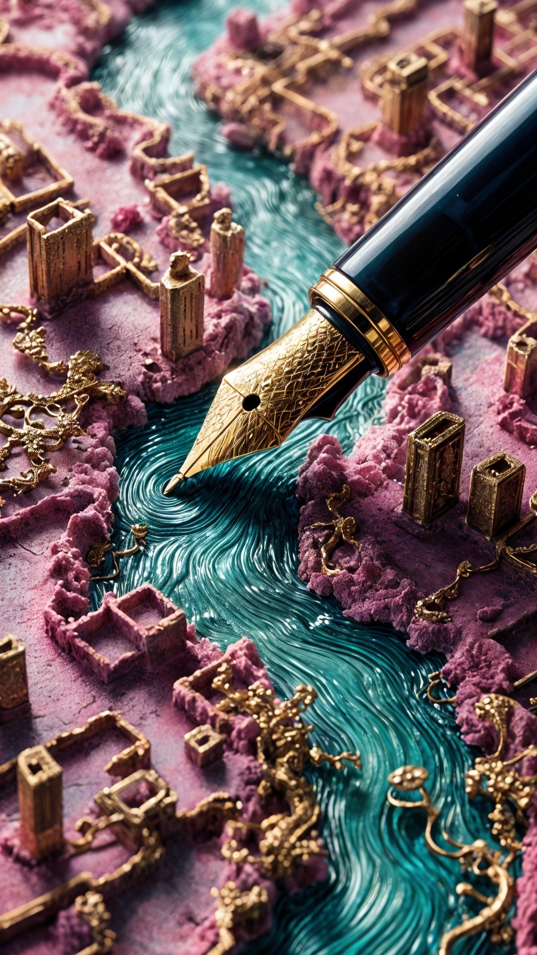 Vibrant Textured Landscape with Whimsical Cityscape