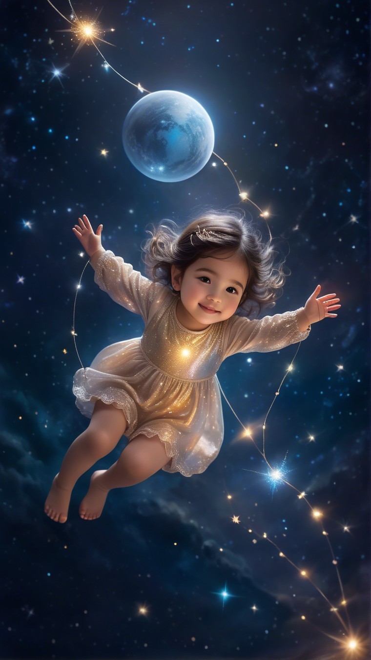 Child in ethereal dress amidst starry night sky