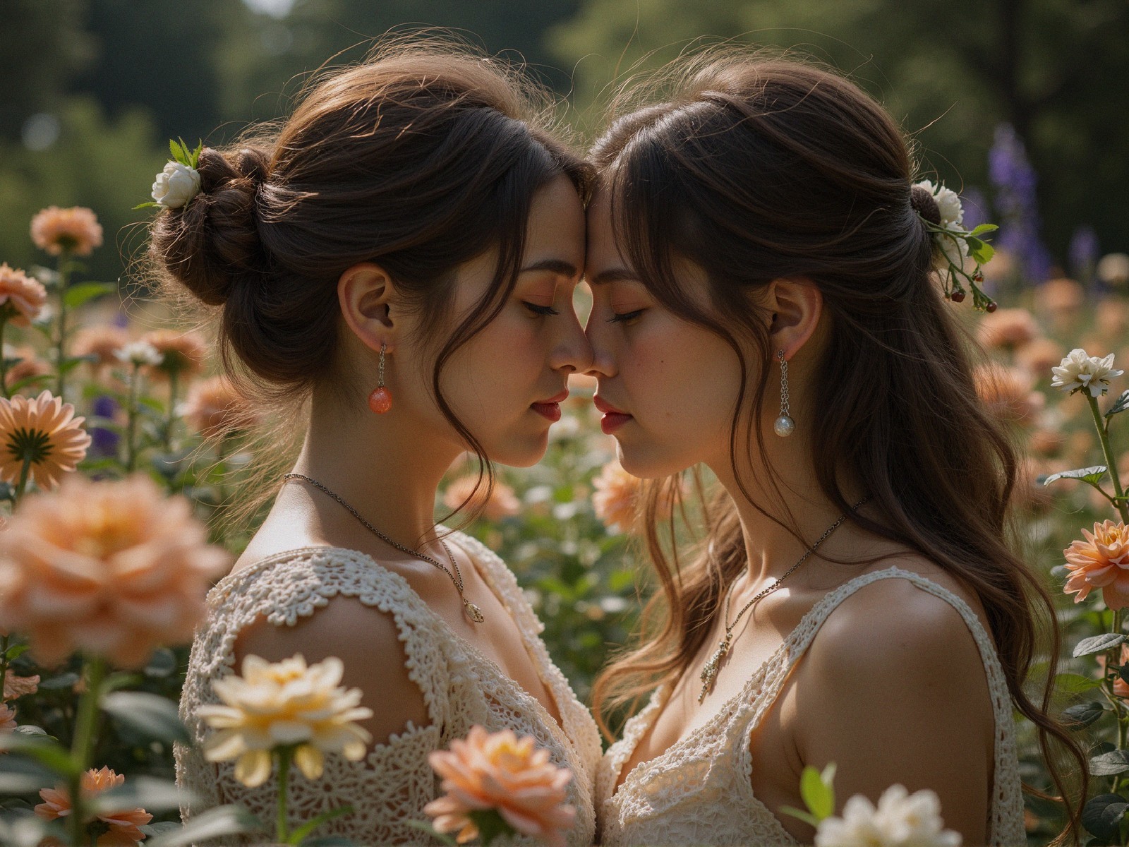 Young women in lace dresses in a flower garden