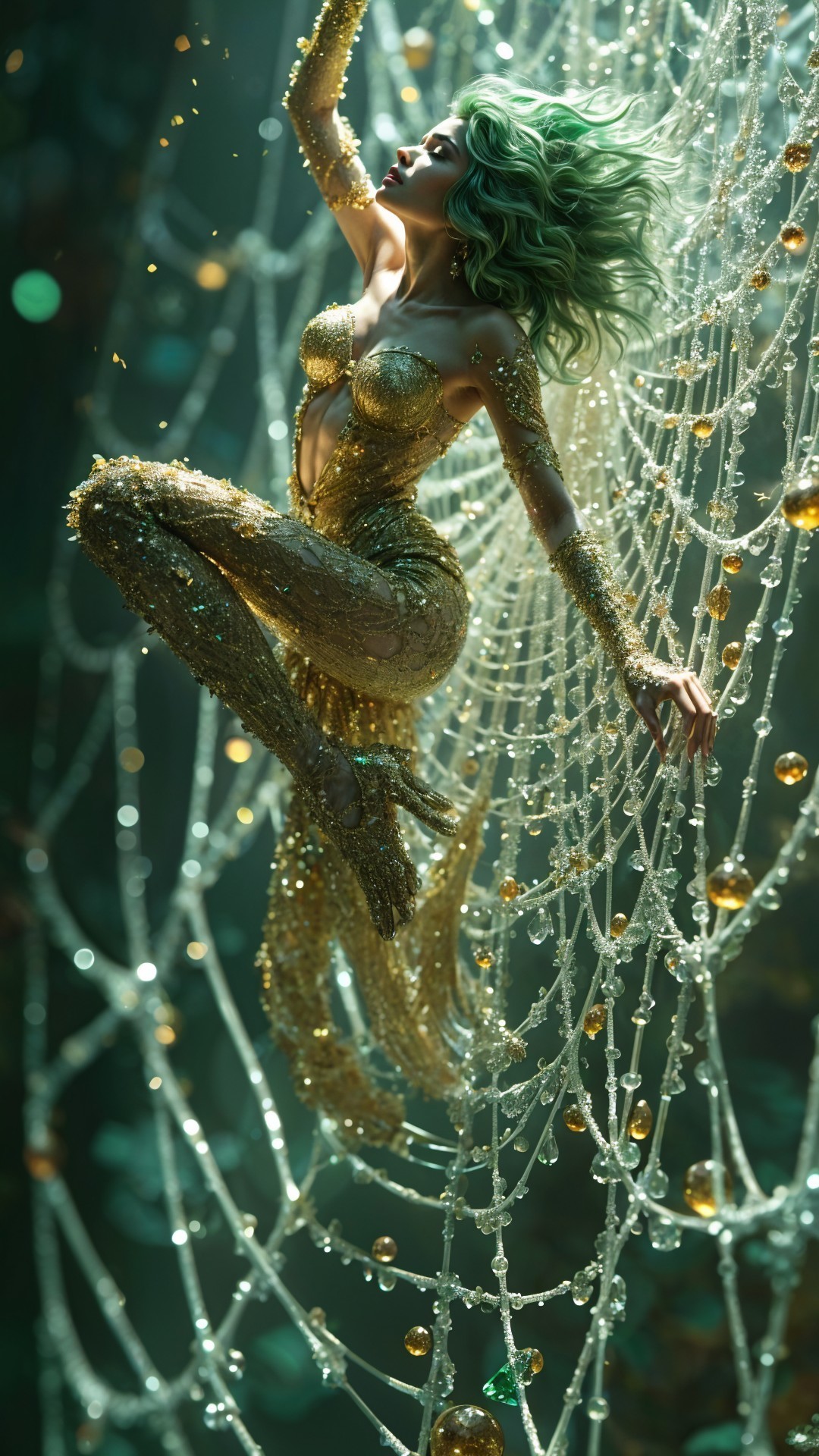 Elegant Figure in Gold Outfit Amid Pearls and Crystals