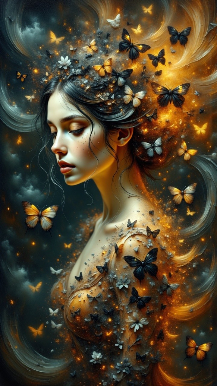 Ethereal Figure Surrounded by Butterflies and Blossoms