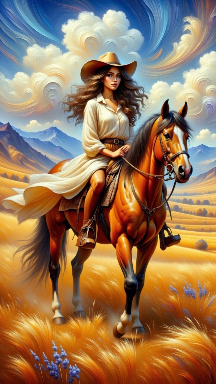 Confident Woman on Horse in Golden Fields