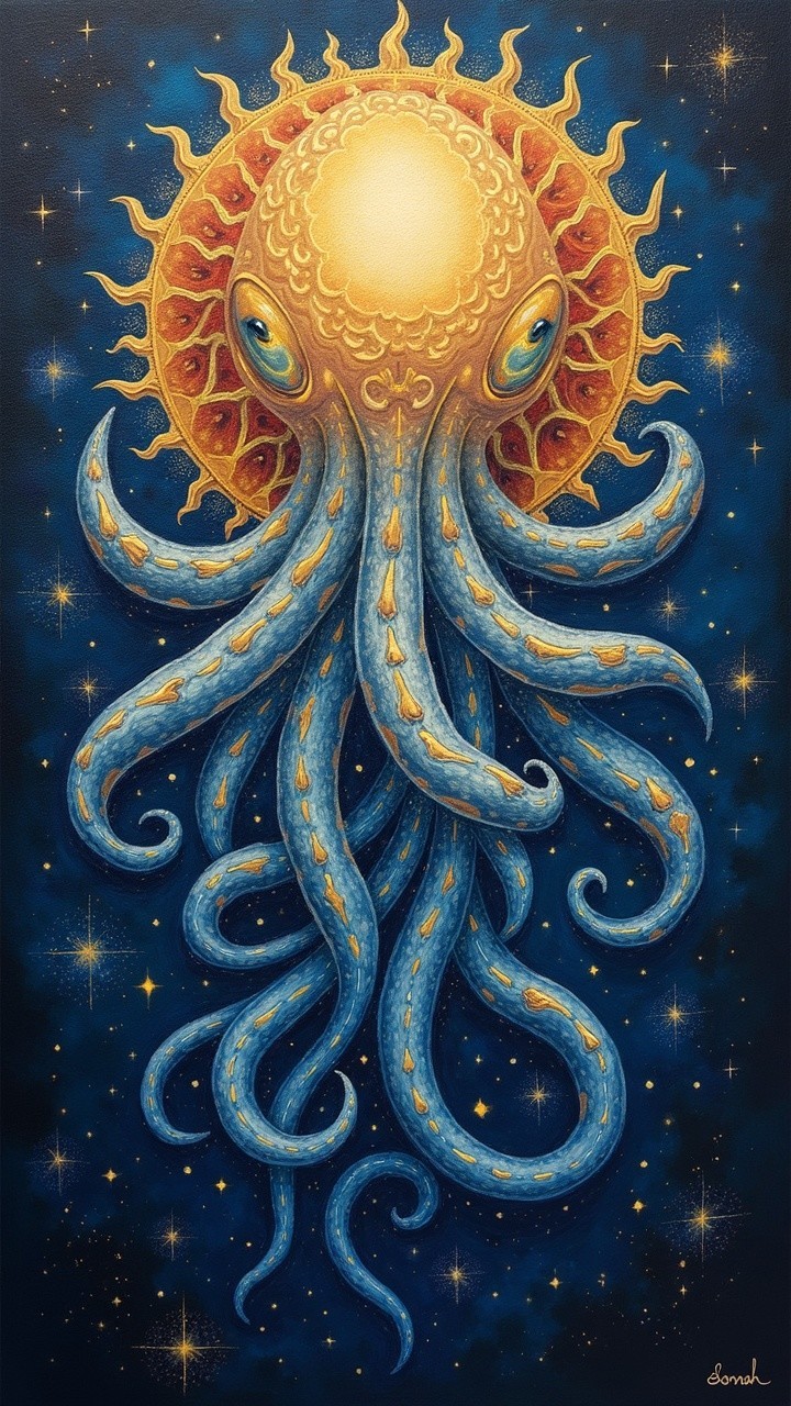 Whimsical Octopus in Cosmic Scene with Radiant Sun