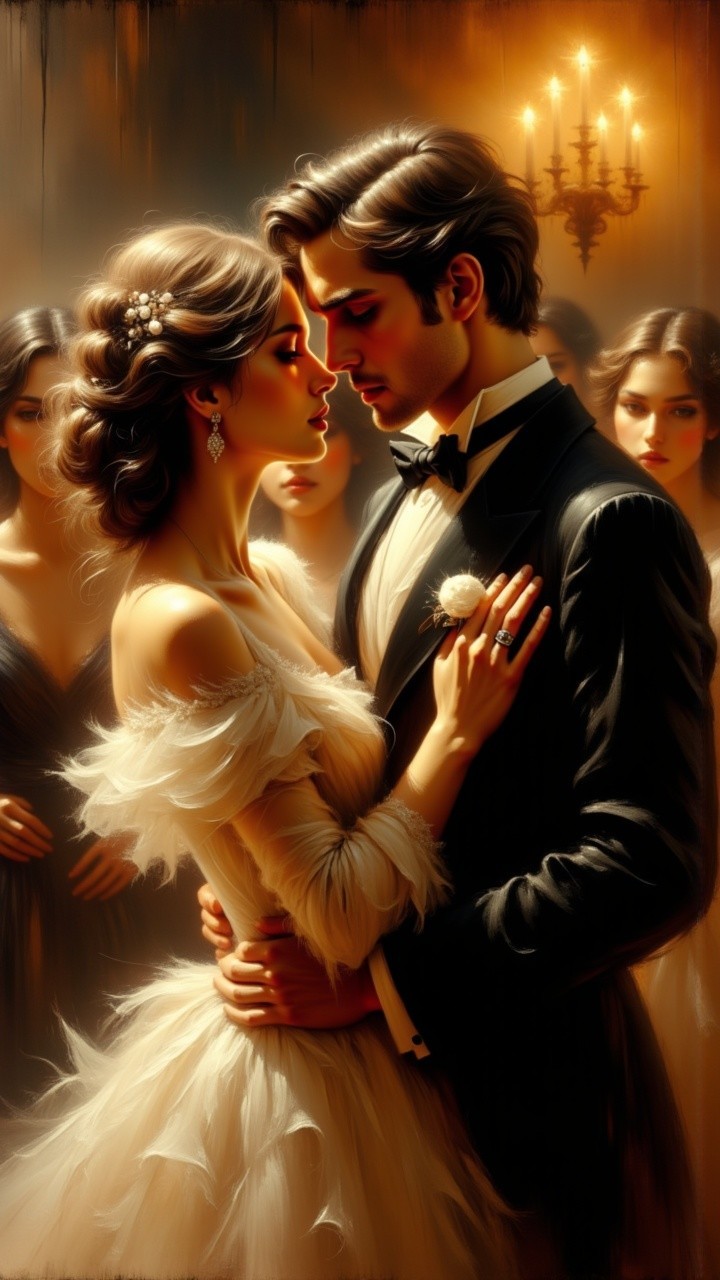 Couple Embraces in Romantic Dimly Lit Ballroom