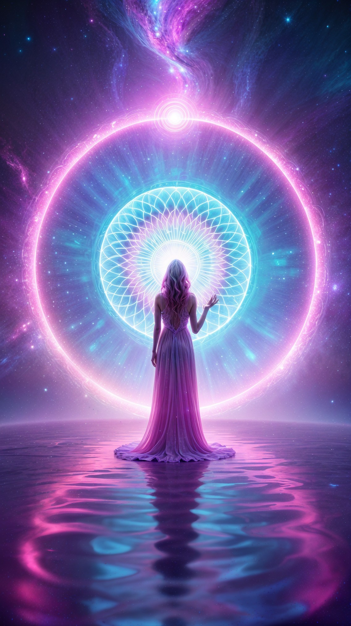 Serene Figure on Reflective Water with Cosmic Mandala
