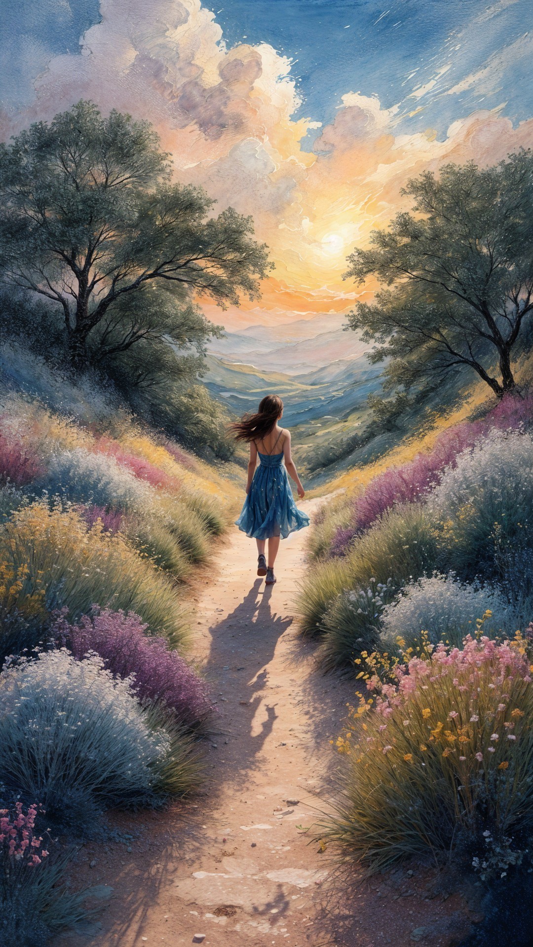 Young woman in blue dress walks through lavender fields