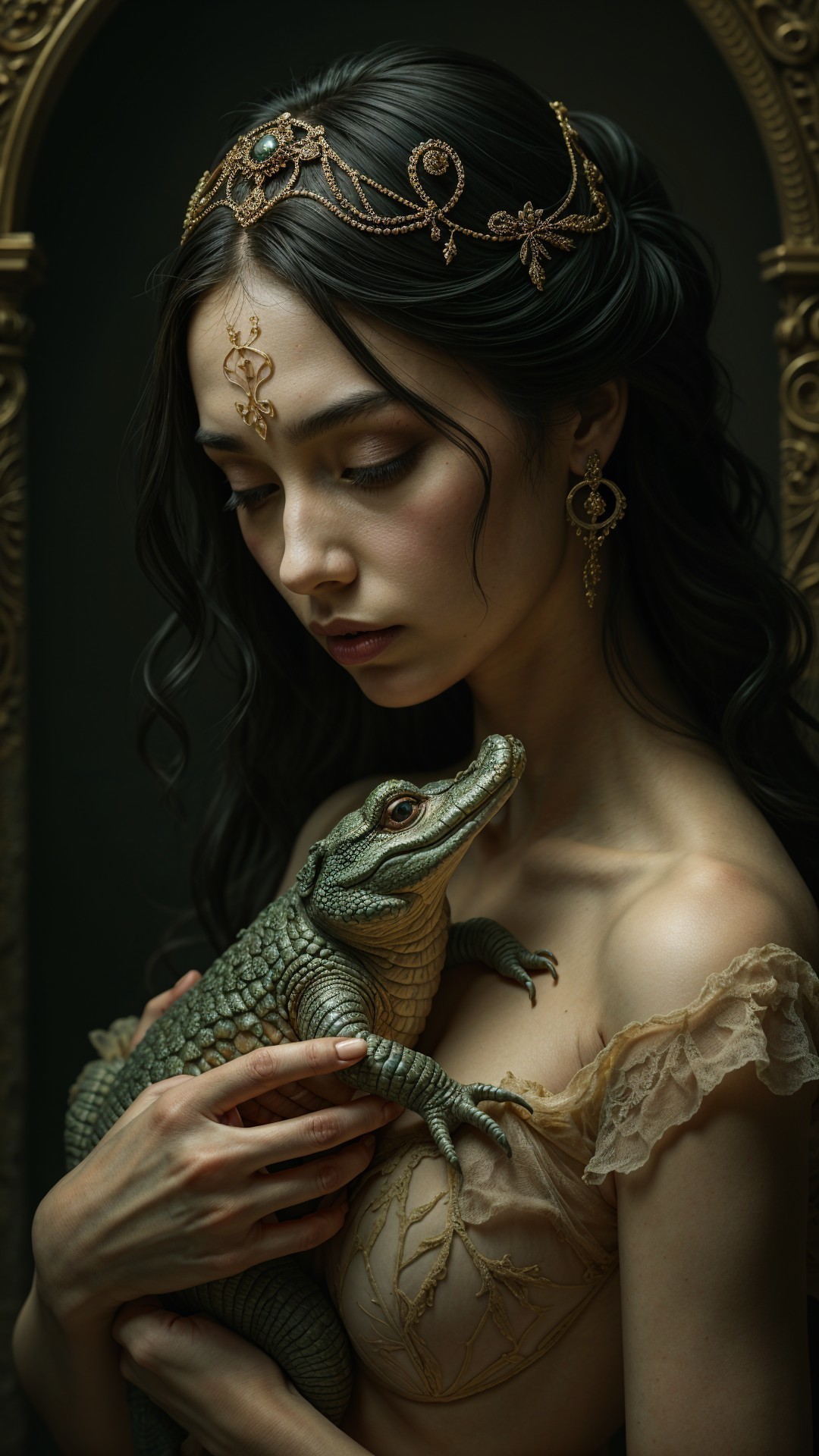 Young woman in crown with lizard in mystical portrait