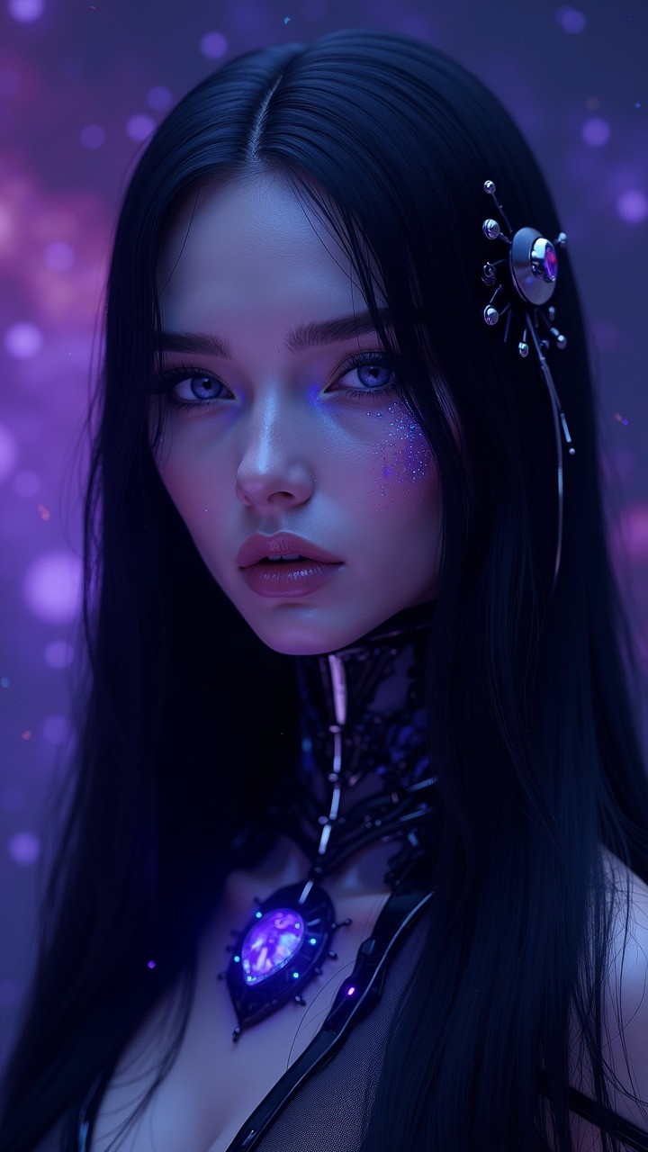 Portrait of a Young Woman with Black Hair and Blue Eyes