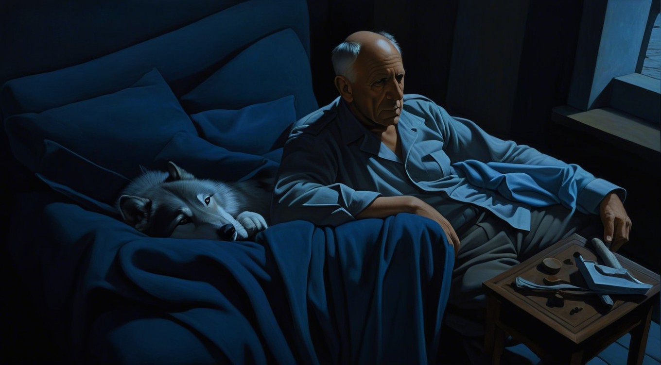 Elderly Man and White Wolf in Dimly Lit Room