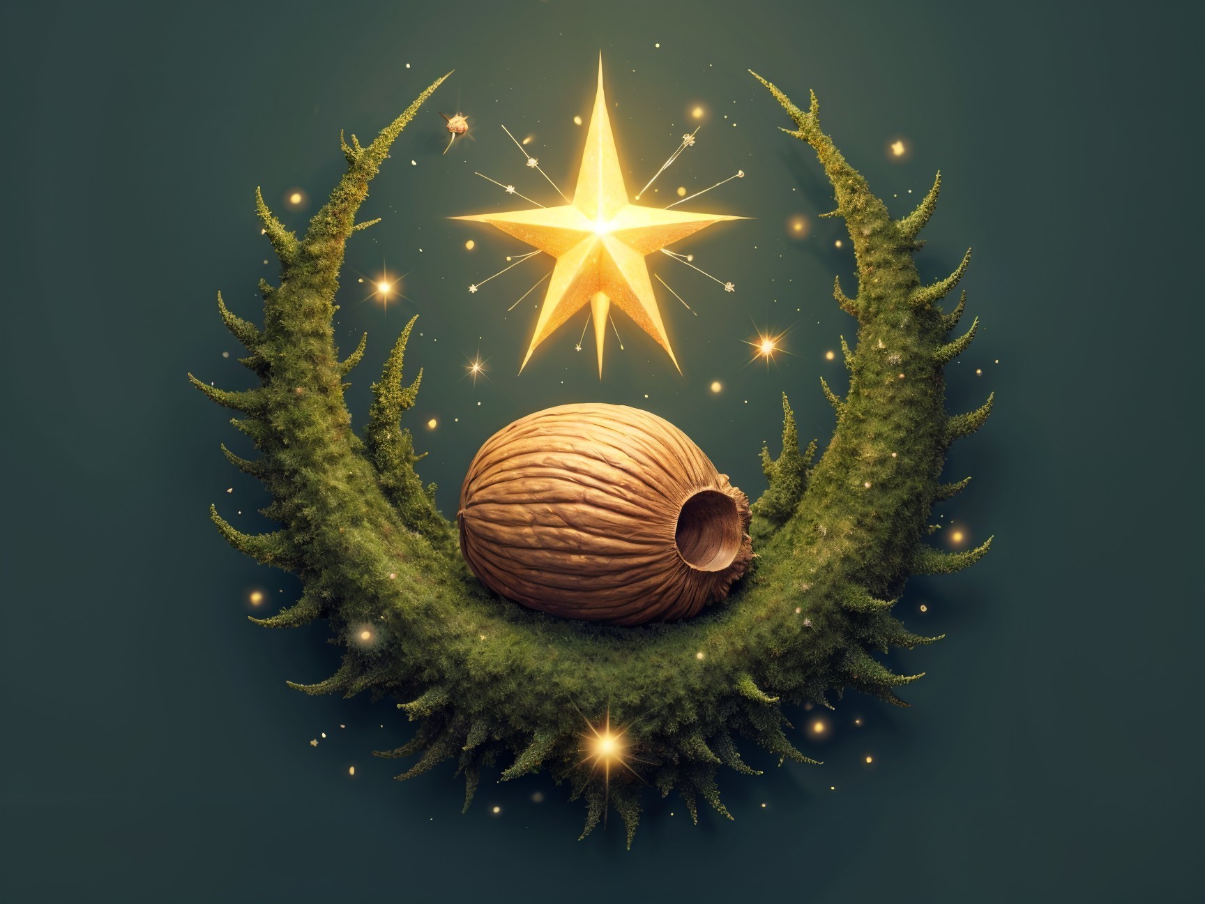 Textured Walnut Surrounded by Lush Green Moss and Lights