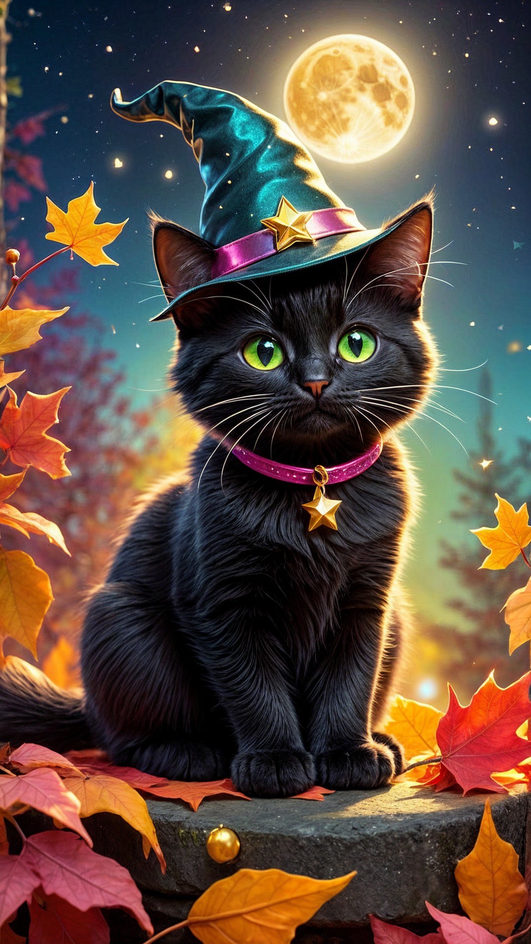 Black Cat in Witch Hat Among Autumn Leaves at Night