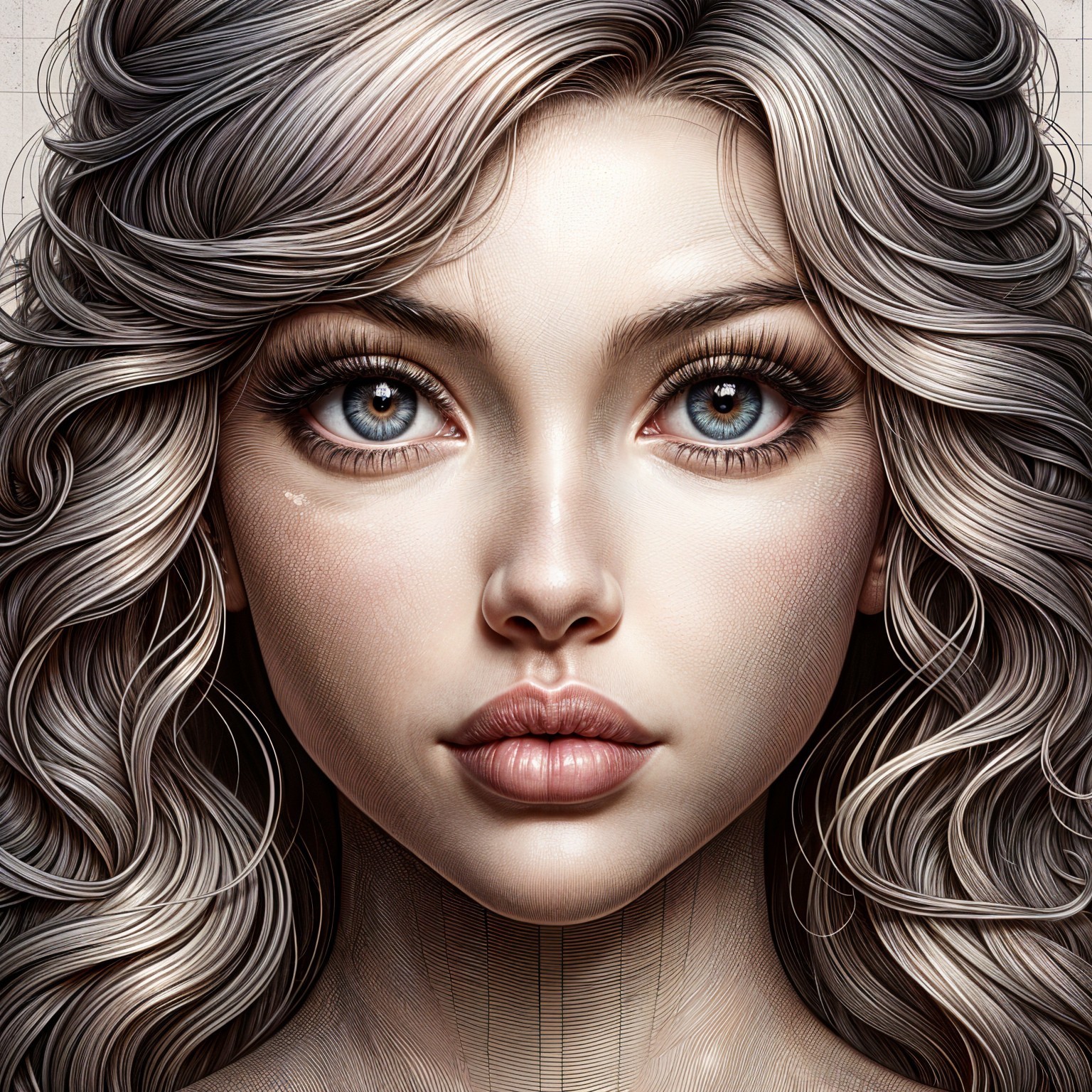 Hyper-realistic portrait of a young woman with silver hair