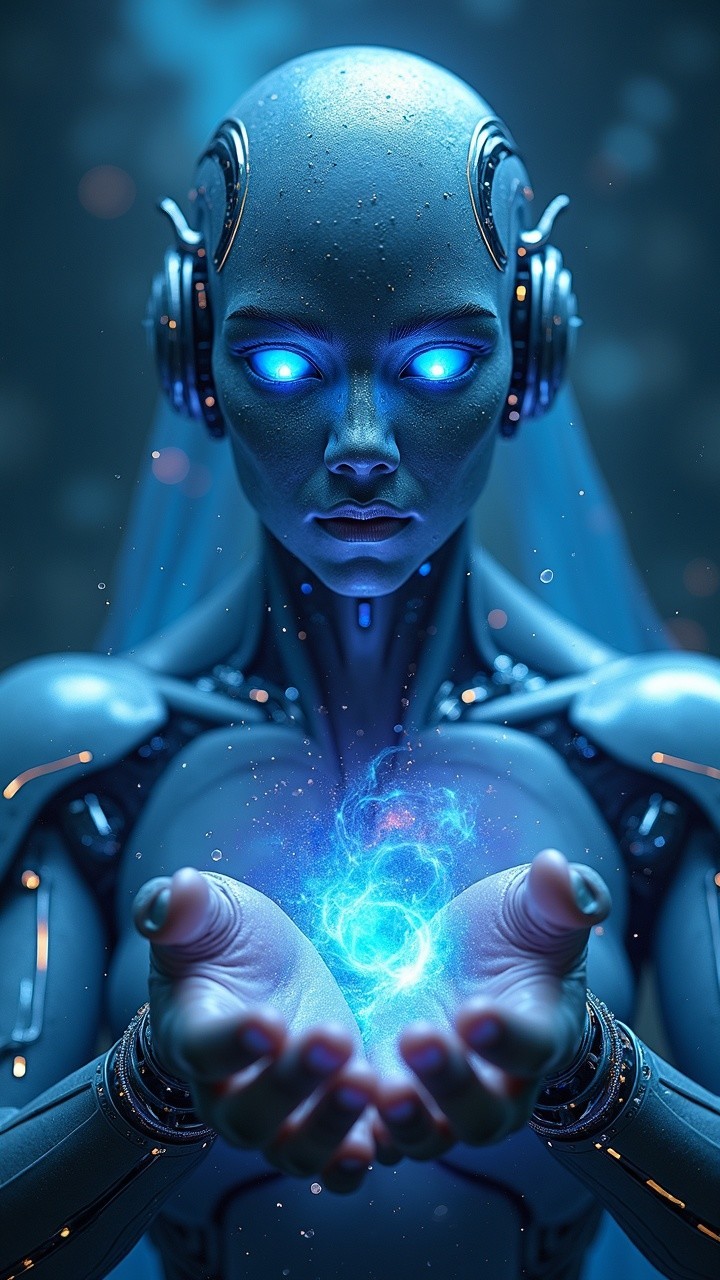 Futuristic Robot with Blue Energy Orb in Dark Setting