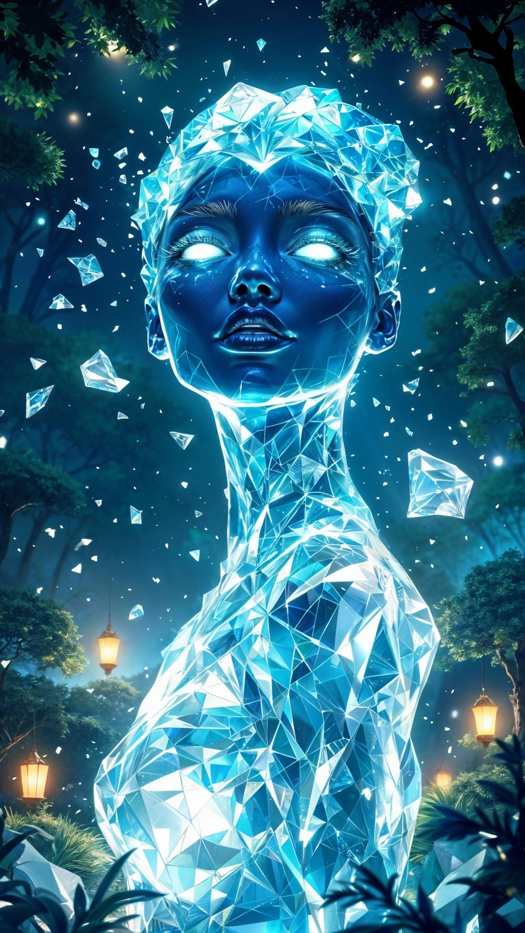 Futuristic Crystal Figure in Enchanted Forest Scene