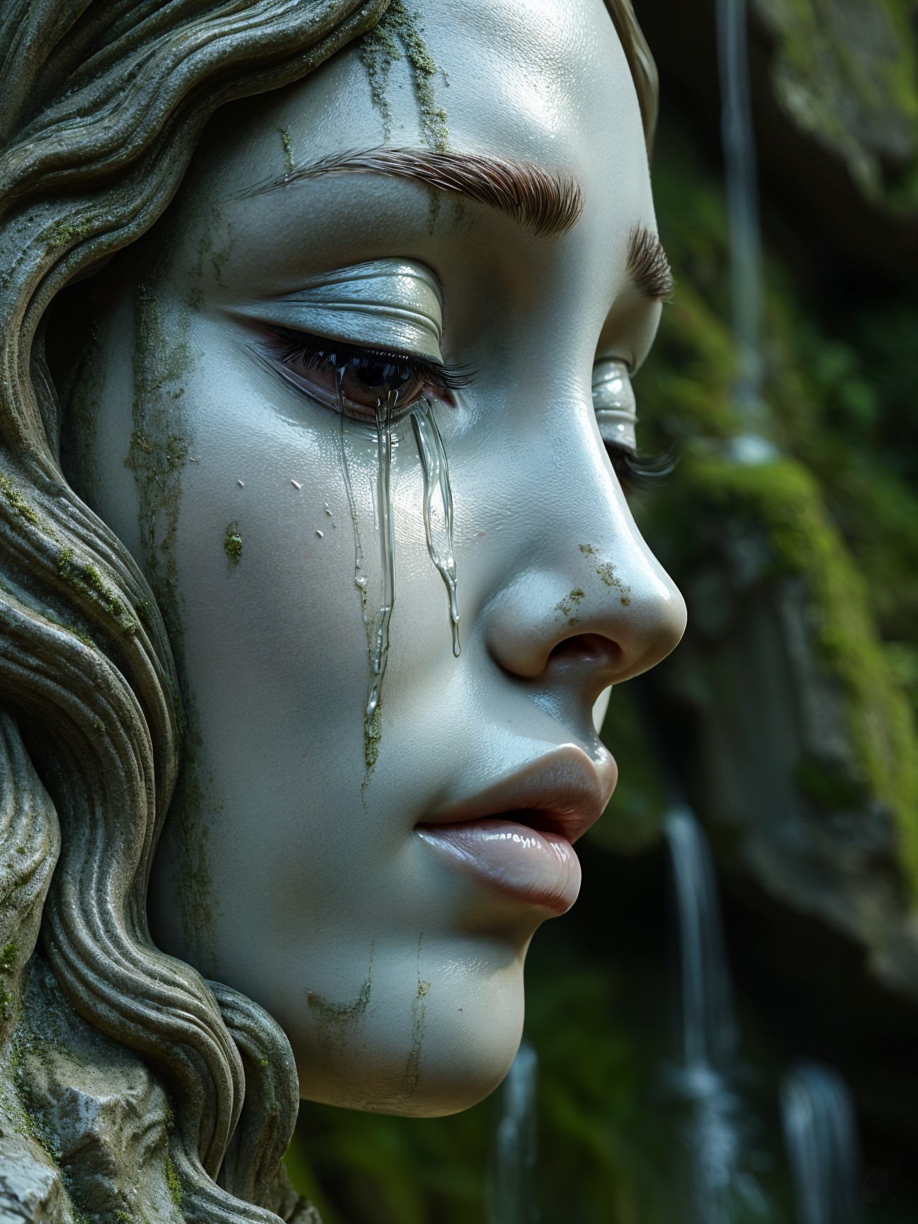 Close-up of a sculpted female face with tears