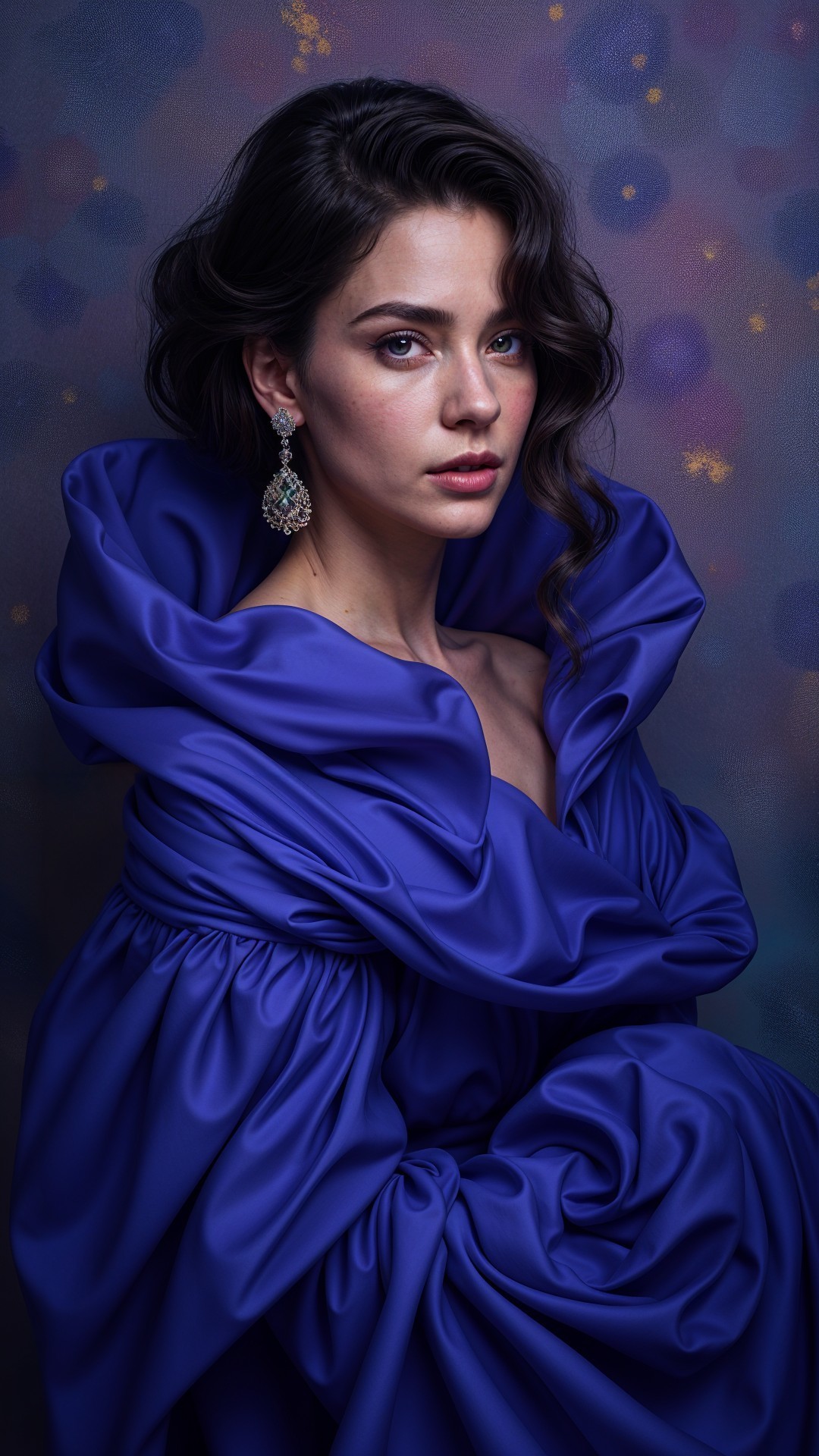 Elegant young woman in oversized blue fabric backdrop
