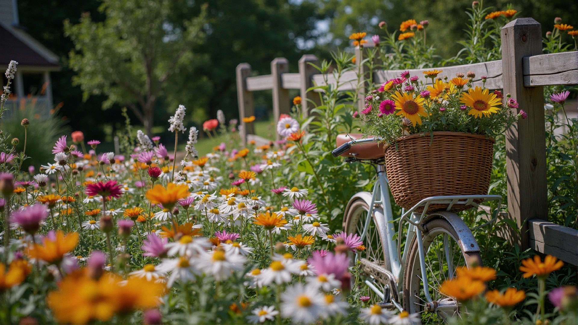Vintage Bicycle with Woven Basket and Wildflowers