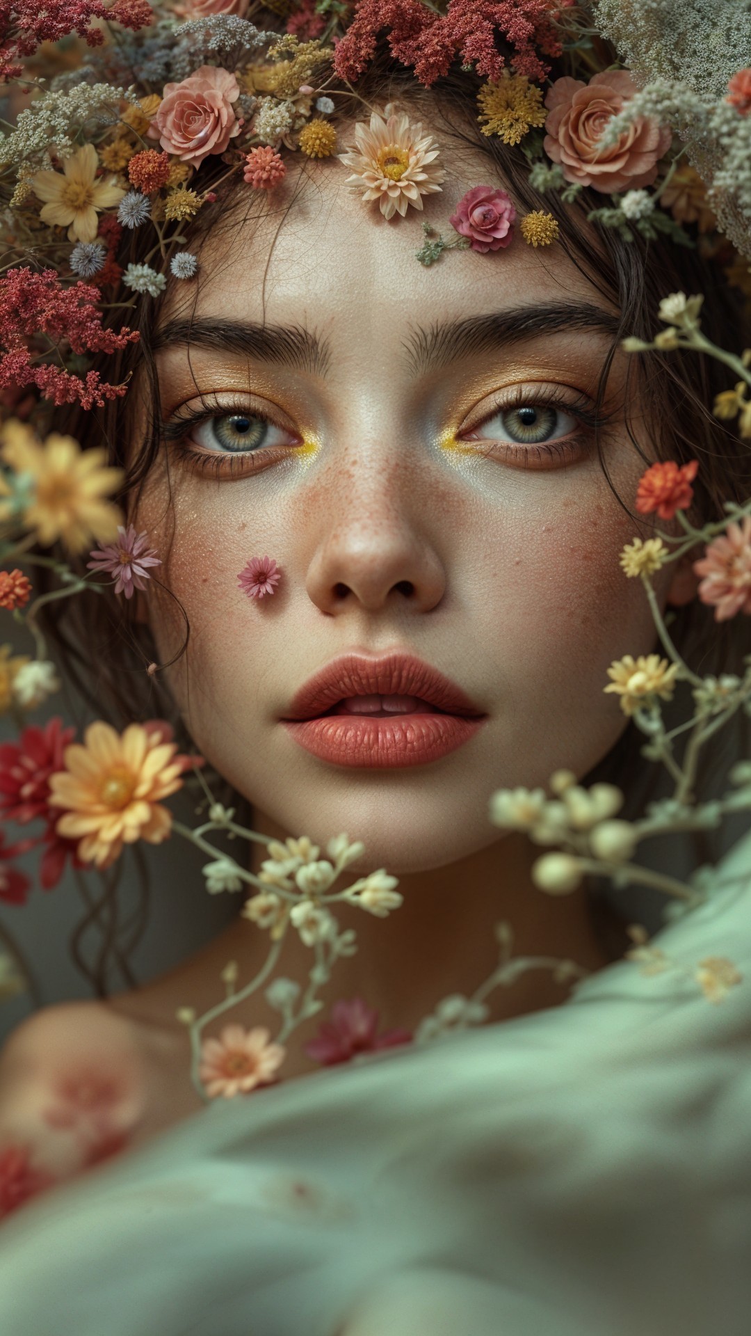 Close-Up Portrait of a Woman with Floral Crown