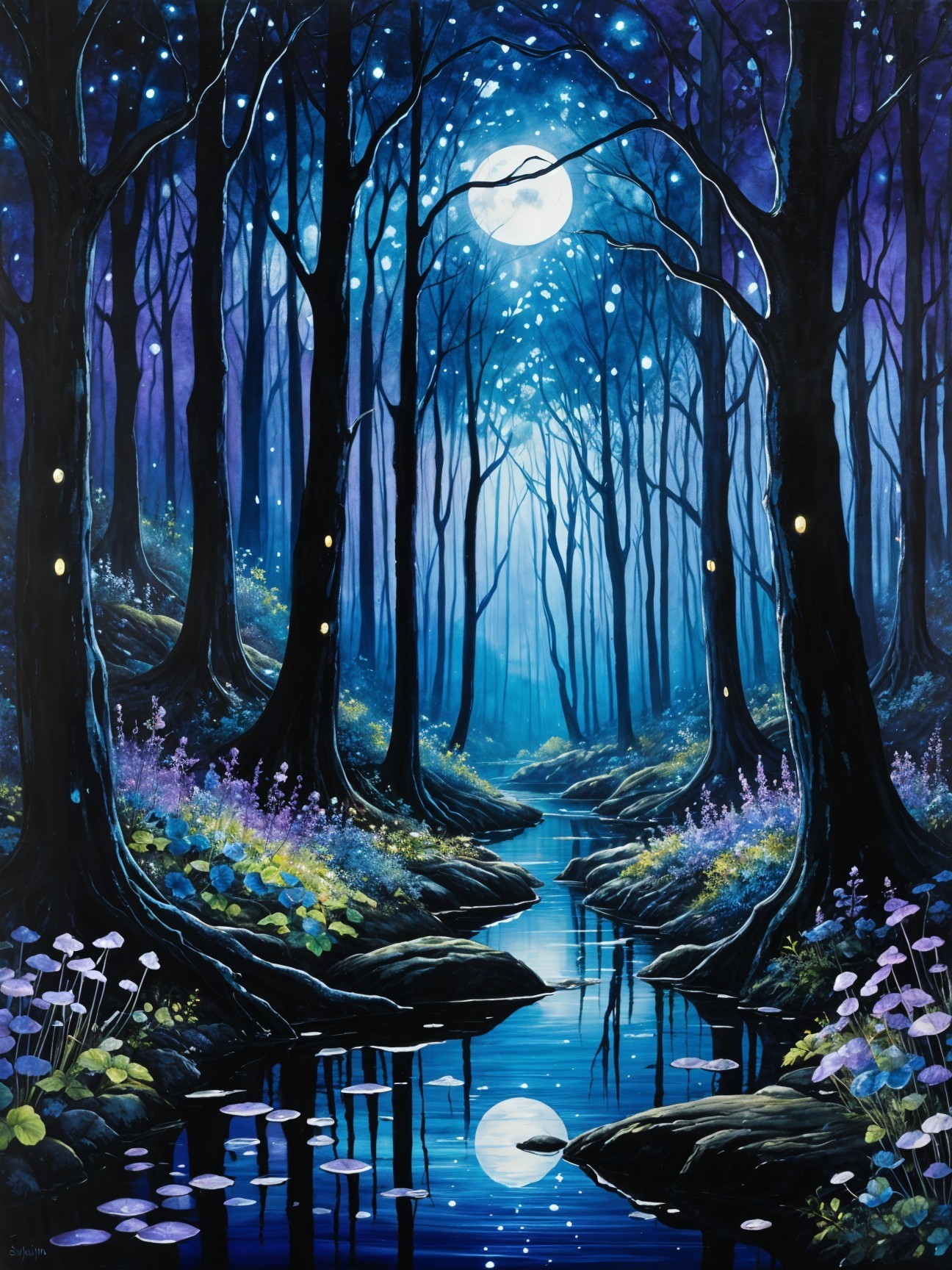 Twilight Forest Scene with Moonlit Stream and Wildflowers