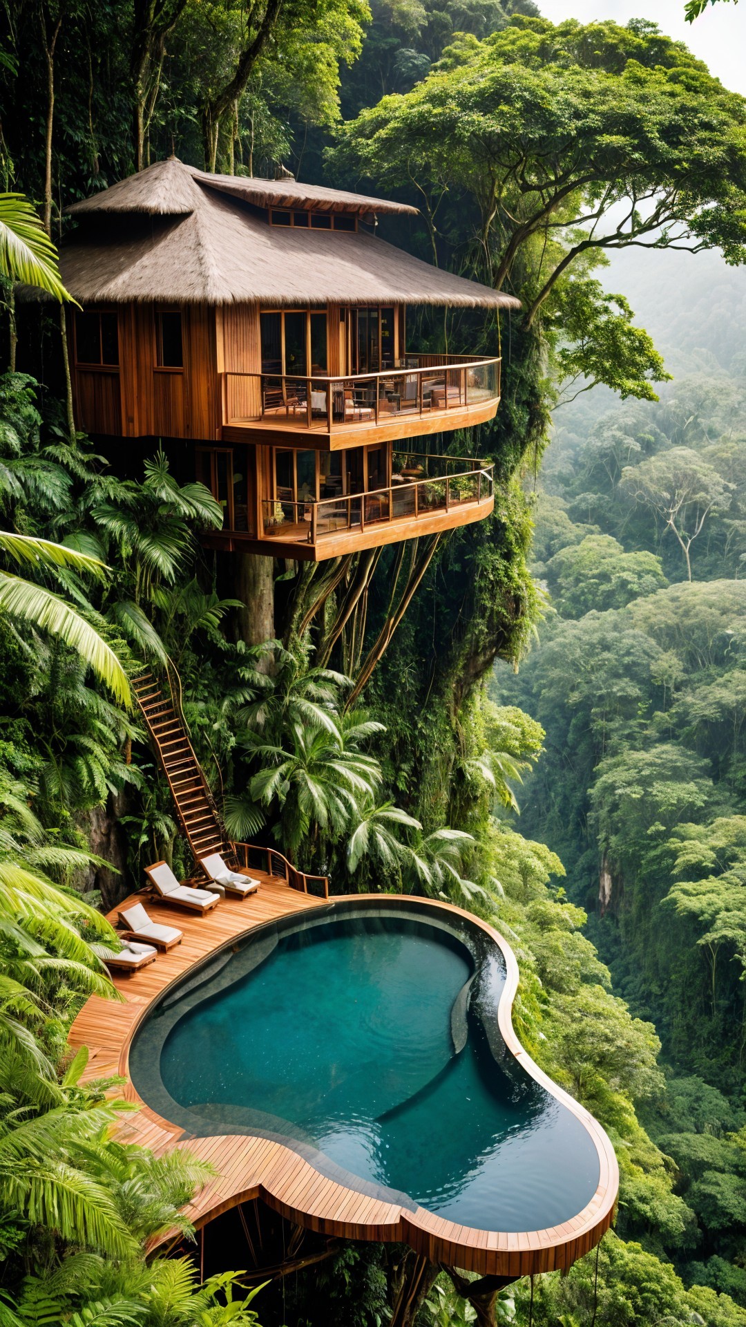 Treehouse on Cliff with Infinity Pool and Tropical Foliage