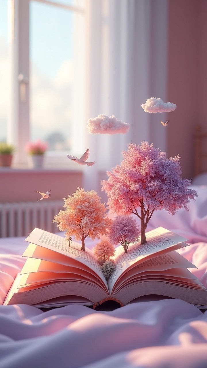 Open Book with Pages as Blooming Trees and Clouds