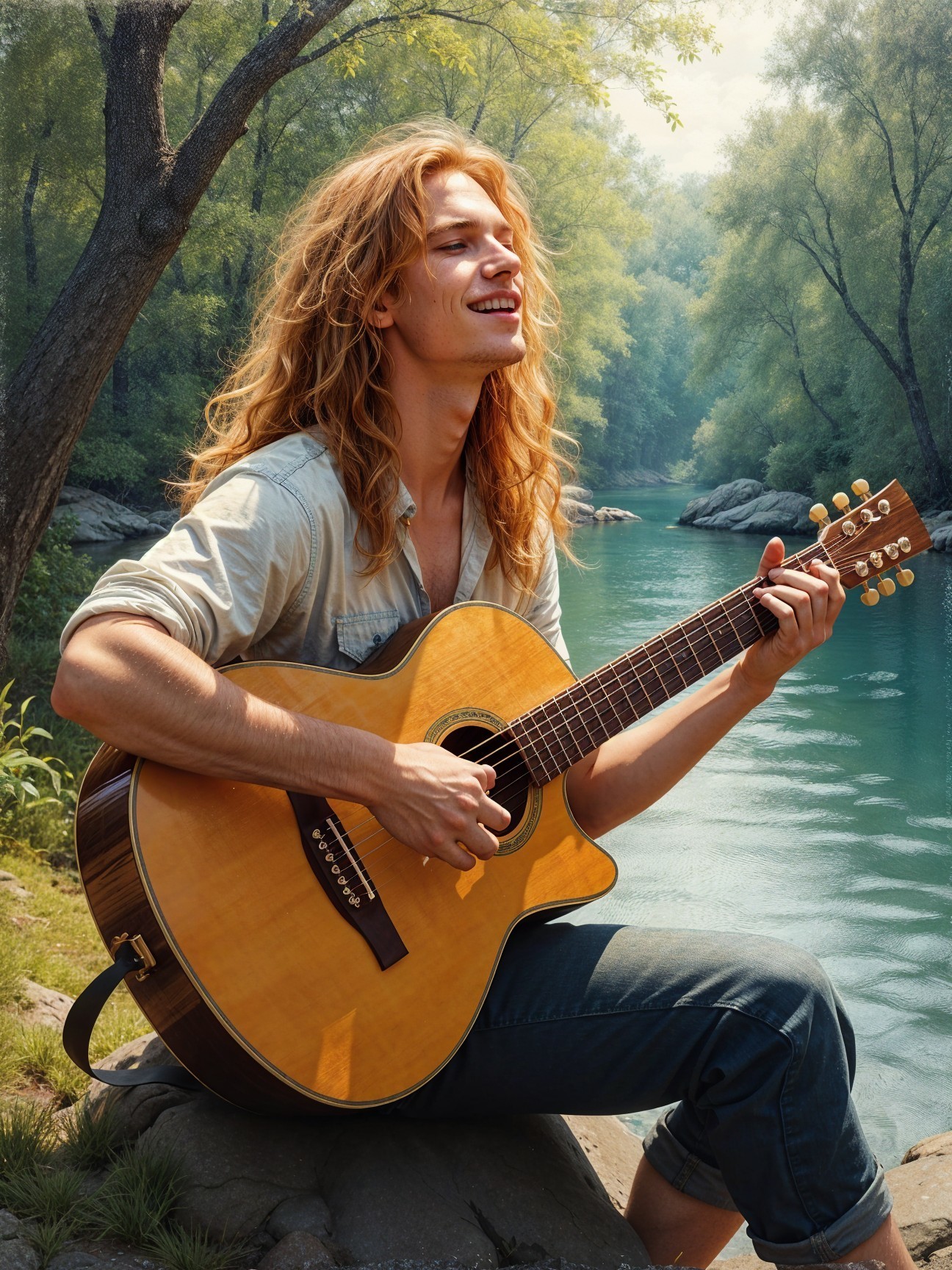 Young man playing guitar by a serene riverside