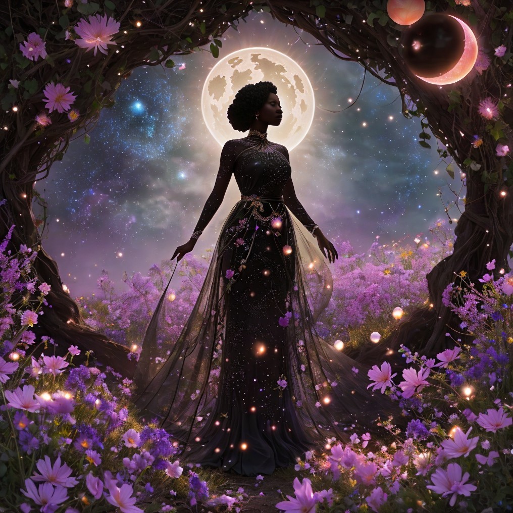 Mystical Scene with Glowing Moon and Flowers