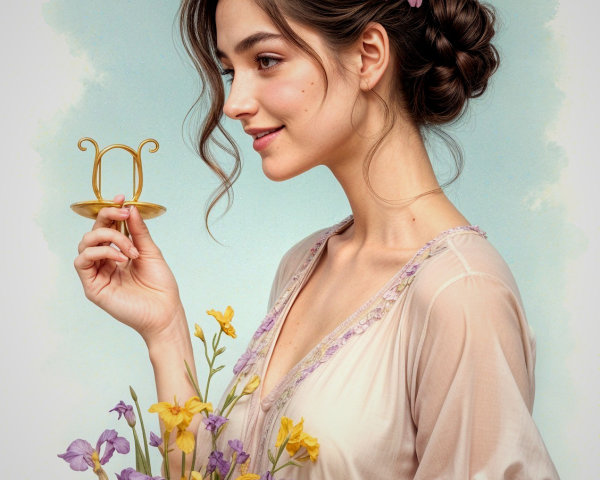 Elegant Woman with Flowers and Golden Stand