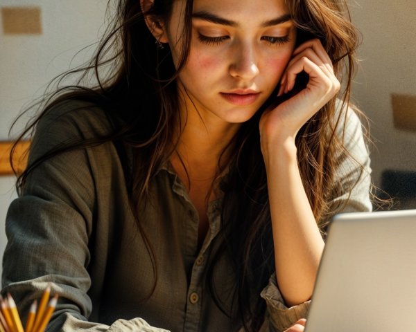 Young woman at desk with laptop and coffee cup