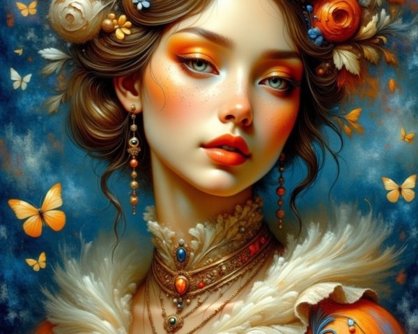 Young woman in ornate gown with flowers and butterflies