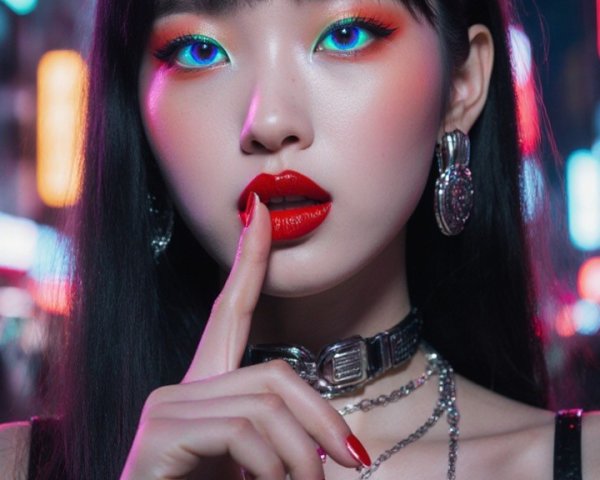 Model in Urban Setting with Neon Lights and Bold Makeup