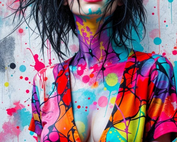 Colorful Model Against Vibrant Splatter-Painted Background