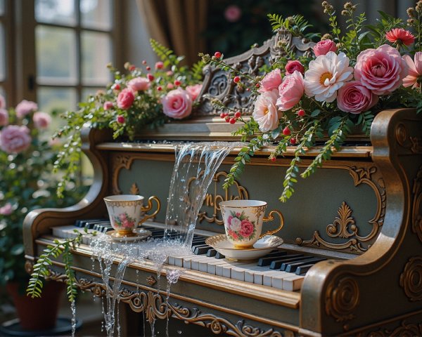 Vintage Piano Surrounded by Flowers and Teacups