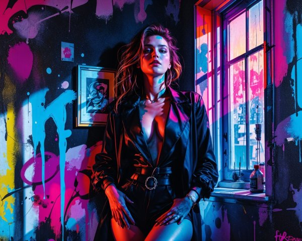 Confident Figure in Stylish Black Outfit Against Graffiti