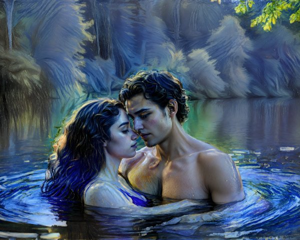 Young couple embraces in serene water with sunlight glow