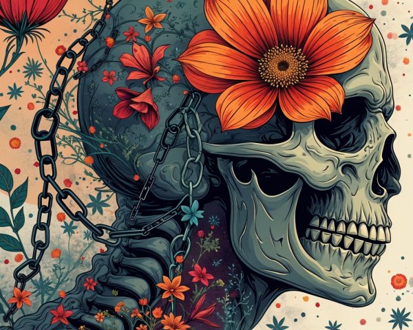 Stylized Skull with Colorful Flowers and Chains