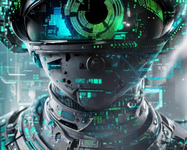 Futuristic humanoid robot with digital eye and binary backdrop