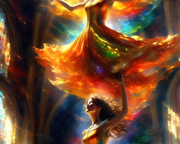 Mystical Figure in Fiery Gown Amidst Vibrant Colors