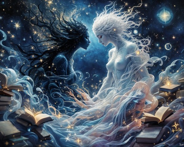 Ethereal Figures Representing Light and Darkness in Space