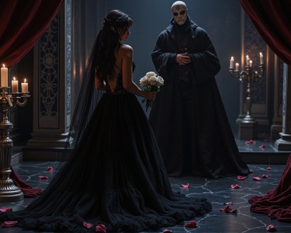 Mysterious Encounter in Opulent Dimly Lit Room