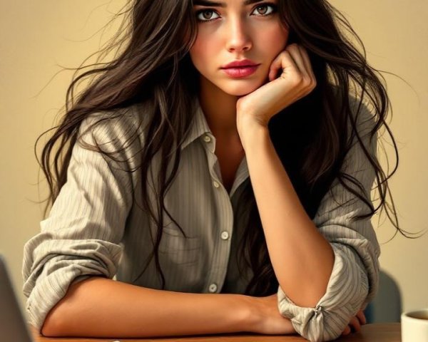 Young woman in thoughtful pose at a desk setting