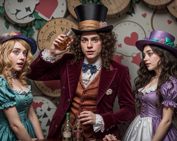 Whimsical Characters in Vintage Attire with Barrels