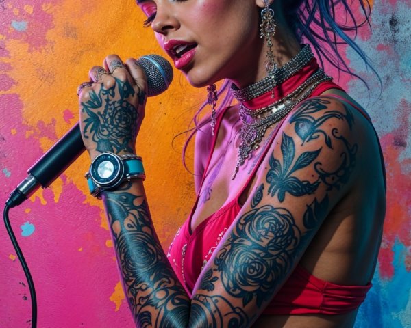 Stylish Woman with Colorful Hair and Tattoos