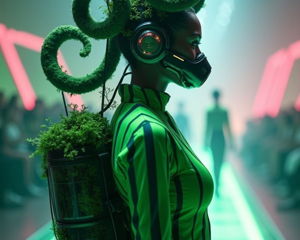 Futuristic Runway with Avant-Garde Green and Black Outfit