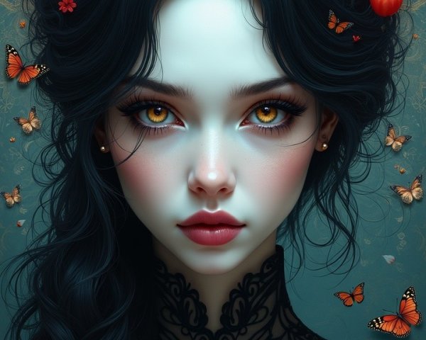 Portrait of a Young Woman with Amber Eyes and Butterflies